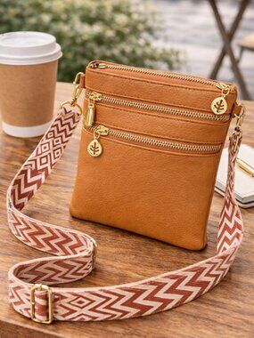 Artizanni Womens Crossbody Vegan Clutch Purse Satchel with Guitar Strap (Cognac)